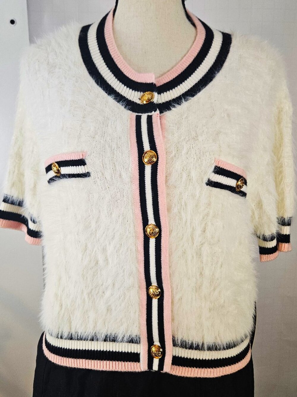Balmain Like Crew Neck Fuzzy Size 10P Knit Cropped Cardigan Short Sleeves